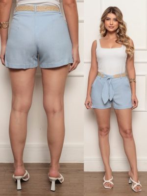 short maria de linho com cinto de palha