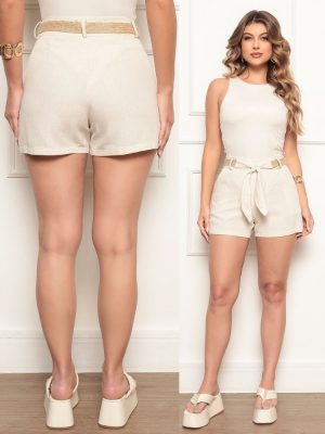short maria de linho com cinto de palha areia 648